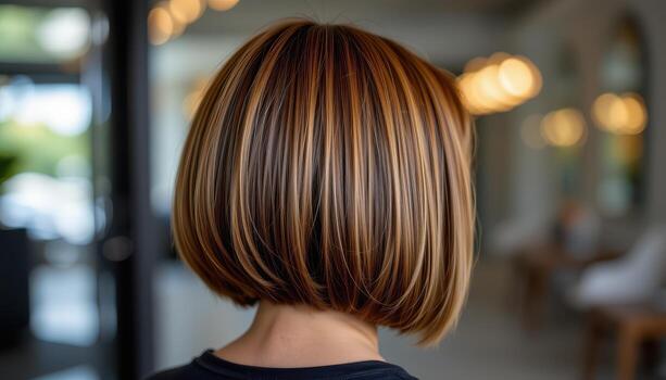 back shot of blunt bob hairstyle back, sharp symmetrical edges glowing with minimal polish. photo