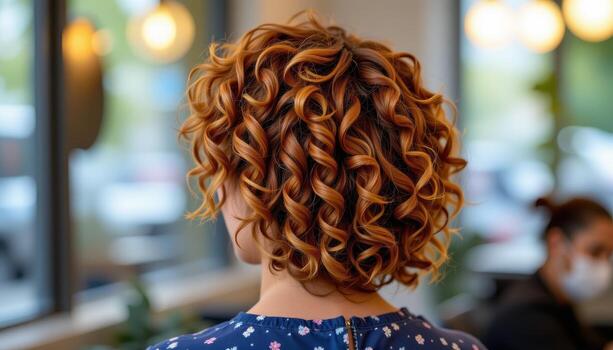 back view of curly hairstyle with defined spirals, glowing bounce radiating vitality. photo