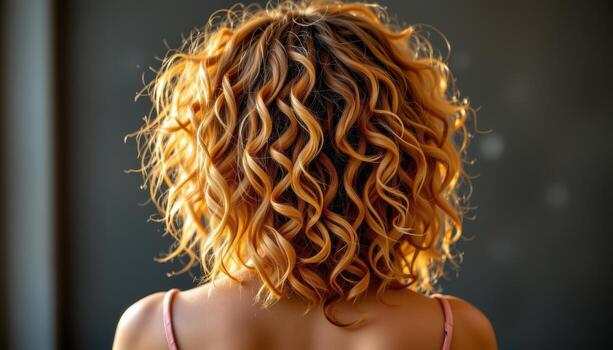back shot of curly hairstyle, free bouncy texture glowing brightly with playful natural charm. photo