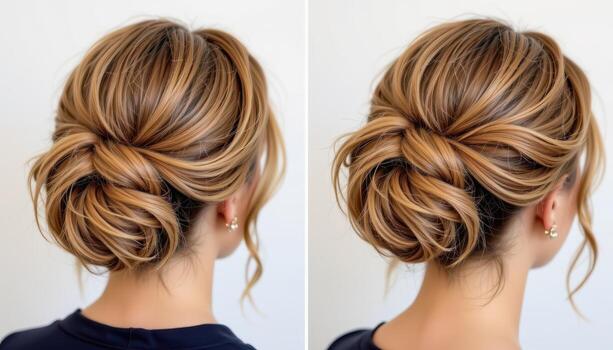 rear shot of twisted bun hairstyle, coiled elegantly with soft loose strands framing style. photo