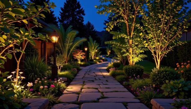 a rustic stone path through lush gardens glowing with lights, warm beams tracing walkway under night skies. photo