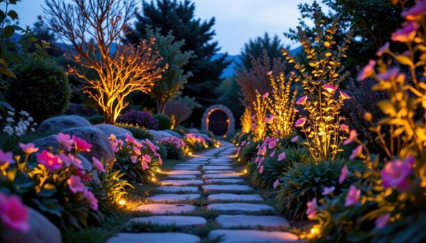 a garden pathway illuminated by glowing lights, soft golden beams tracing stones beneath clear evening. photo