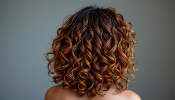back view of curly hairstyle with defined spirals bouncing softly down back glowing radiant lively dynamic texture flowing naturally. photo