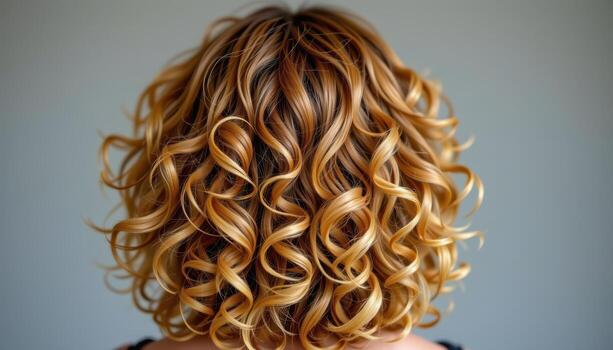 rear view of curly layered hairstyle with radiant bouncy spirals flowing naturally glowing lively dynamic texture. photo