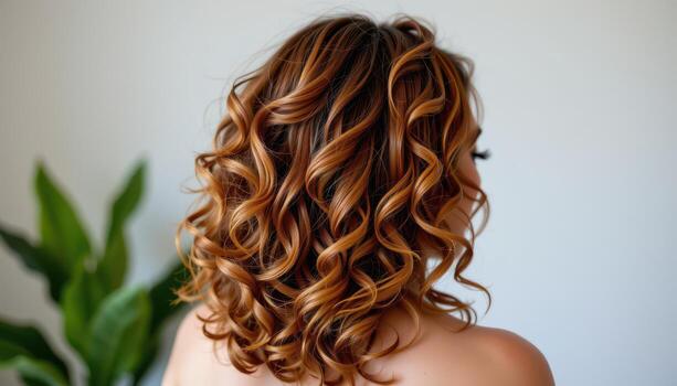 back view of curly voluminous layered hairstyle cascading with bouncy defined spirals glowing naturally vibrant lively. photo