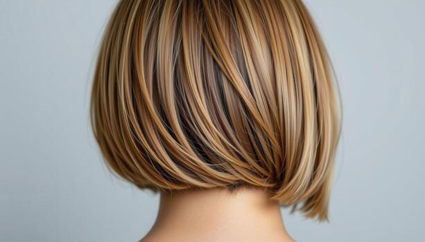 rear view of sleek bob hairstyle with inward sharp edges polished reflecting modern minimal refined smooth edges evenly back. photo