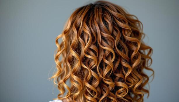 rear shot of spiral curly hairstyle with radiant springy defined curls flowing naturally down back showing lively soft texture. photo
