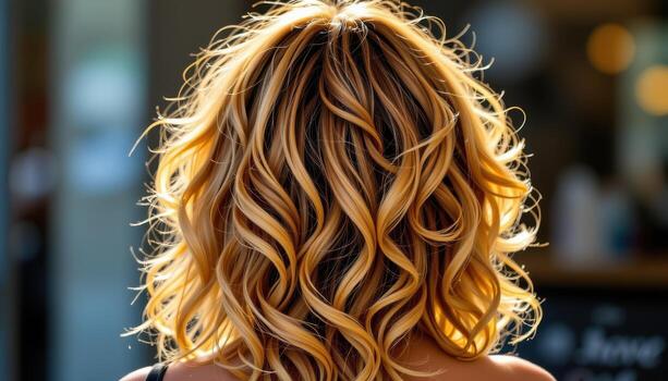 rear view of curly layered hairstyle with radiant bouncy spirals flowing naturally down back glowing lively dynamic soft texture. photo