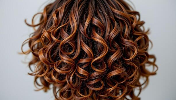 back view of curly hairstyle with layered tips bouncing softly down back glowing radiant lively defined spirals texture beautifully. photo