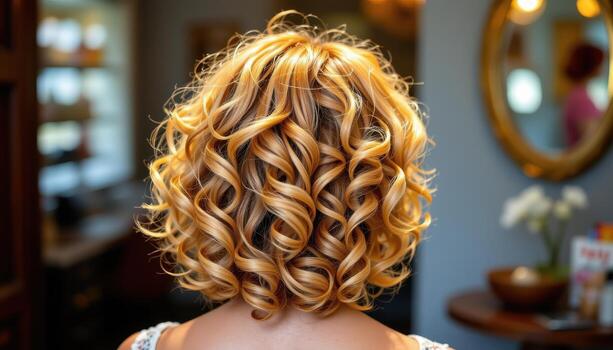 back view of curly layered hairstyle glowing brightly with bouncy defined spirals and soft shine. photo