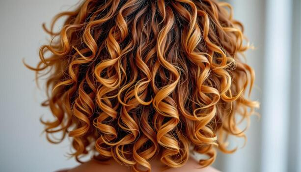 back view of curly hairstyle with defined spirals bouncing radiant glowing lively dynamic soft texture naturally flowing. photo