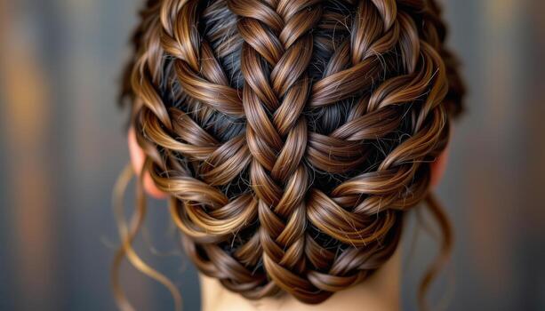 rear view of intricate braided hairstyle woven delicately forming artistic symmetrical structured pattern. photo