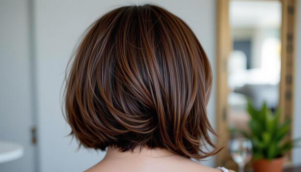 back view of shoulder length bob with inward curled ends forming smooth polished refined edges. photo
