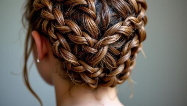rear view of intricate braided hairstyle weaving complex patterns forming artistic structure. photo