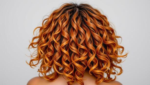 rear view of spiral curly hairstyle bouncing with radiant springy strands flowing gracefully down. photo