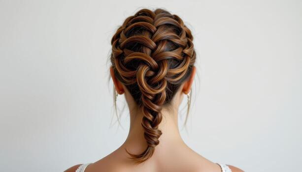 back shot of crown braid coiled neatly forming symmetrical artistic refined woven detail pattern. photo