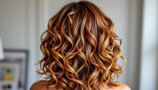 back view of curly layered hairstyle cascading softly with defined bounce glowing naturally bright. photo