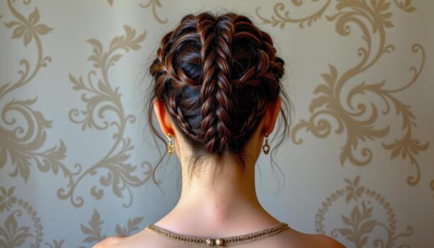 back view of artistic braided hairstyle interwoven intricately forming neat symmetrical flowing patterns. photo