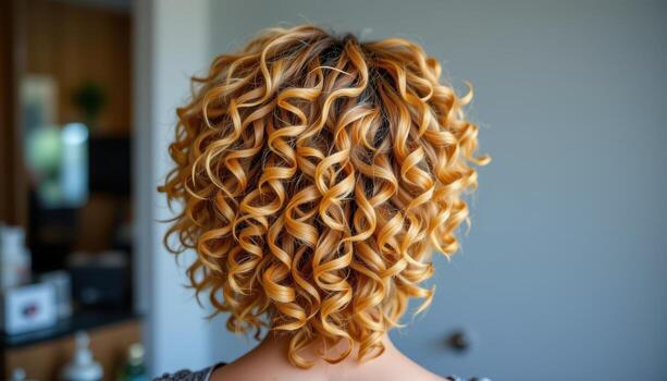 rear view of curly hairstyle with radiant defined spirals bouncing naturally glowing full of lively texture. photo