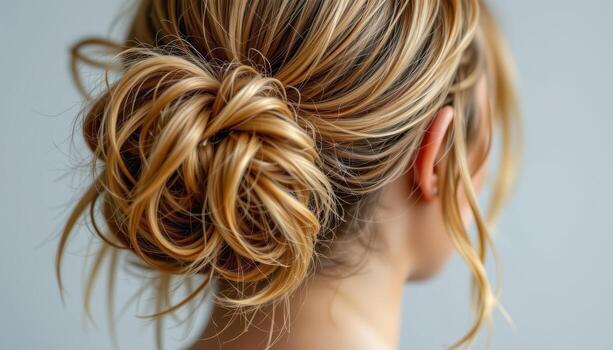 rear view of messy bun hairstyle with loose strands falling naturally creating effortless casual charm. photo