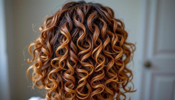rear view of spiral curly hairstyle with springy defined curls bouncing gracefully down the back naturally. photo