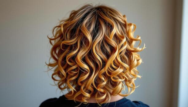 back view of curly layered hairstyle glowing with bouncy defined spirals cascading naturally down back beautifully. photo
