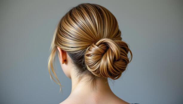 back shot of sleek twisted chignon bun with smooth strands coiled neatly showing polished refined elegant structure. photo