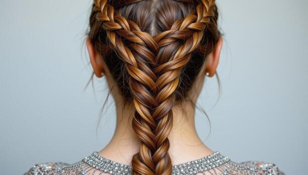 back view of artistic braided hairstyle intricately interwoven forming neat symmetrical flowing patterns along back. photo