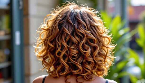 back view of spiral curly hairstyle with radiant springy strands bouncing naturally along back showing lively texture. photo