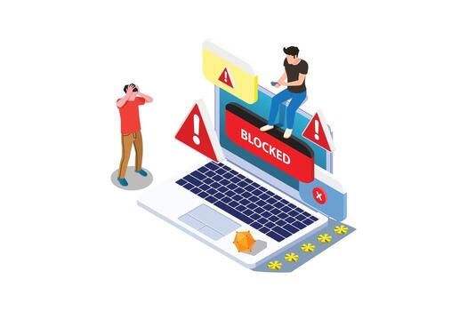 3D Isometric Flat Conceptual Illustration of Computer Virus, Cybersecurity Threat and System Error Notification vector