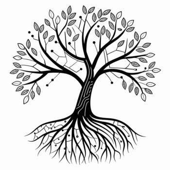 Tree with circuit board roots symbolizing technology and nature connection vector