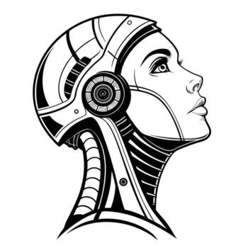 Futuristic robot head merging with a human face representing ai and technology vector