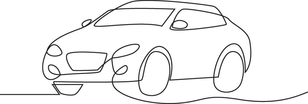 A minimalist continuous line drawing of a modern car, depicted in a simple, artistic style on a clean white background, showcasing a sleek design. vector