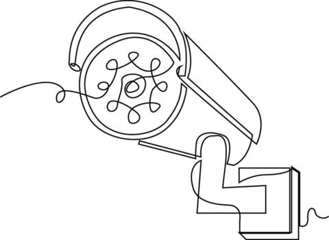 Continuous line drawing of a modern security camera with an abstract swirling pattern inside its lens, mounted on a bracket. vector