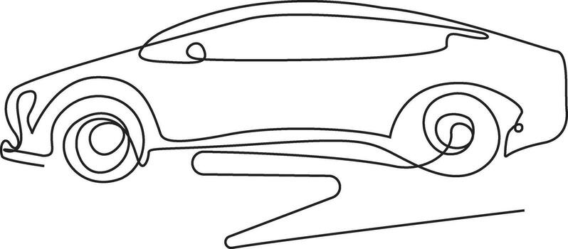 A minimalist continuous line drawing depicts the sleek side profile of a modern car, rendered in a single, unbroken black line on a white background, suggesting motion and design. vector