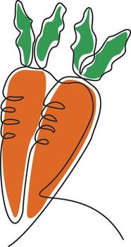 A minimalist continuous line drawing of two orange carrots with green leafy tops. The artistic illustration uses a single black line to create a modern and simple design. vector
