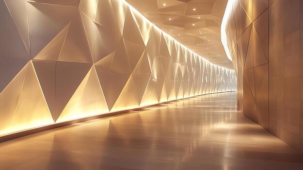 Geometric Hallway With Illuminated Walls and Polygonal Patterns Creating Modern Elegance photo