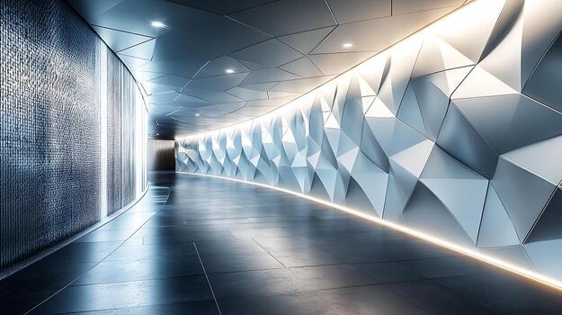 futurista pasillo con angular geométrico caracteristicas y brillante iluminado superficies foto
