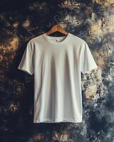 colgando blanco camiseta en de madera percha en contra texturizado artístico antecedentes foto
