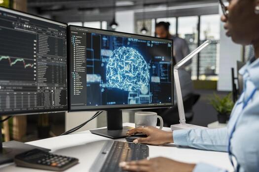 Trader in office utilizing AI LLM chatbot for instant market analysis and trading tips. Financial expert integrating AI analytics to monitor and react to global financial news photo