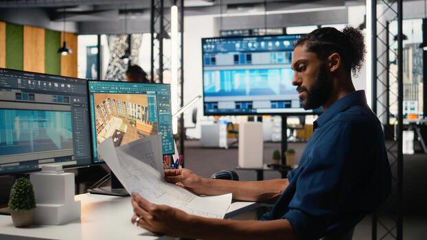 Middle eastern male developer creating property layout with furniture and other structure details, interior design on computer. Working on redevelopment for a residential construction. photo