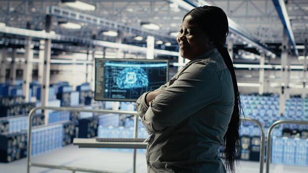 Portrait of smiling IT professional in server farm optimizing machine learning systems handling tasks. Happy data center female engineer adjusting neural networks AI model parameters, camera B photo