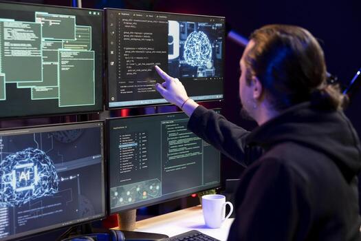 Hacker at home neural network app on PC to breach company security and open locked databases. Rogue software developer doing cyber attacks, operating hacking platforms with deep learning technology photo