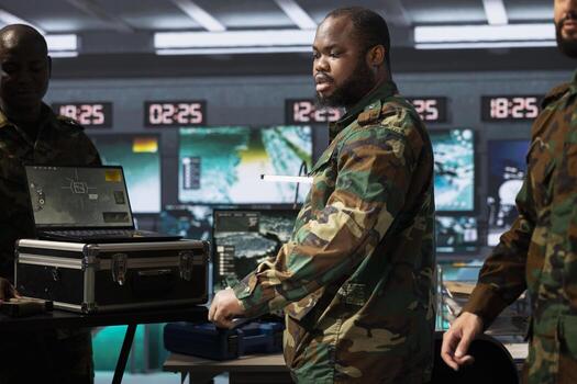 Counterintelligence team combating terrorism using detection system on notebook. Intelligence officers in base of operations protecting national borders by tracking terrorists entering country photo