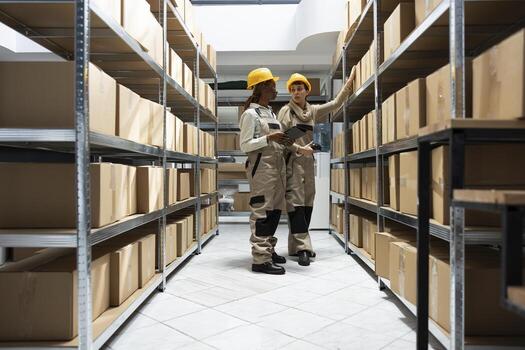 Multiethnic team of employee scan boxes bar codes in a logistics center, ensuring inventory accuracy. Shipment operations rely on stock and registration systems and efficient transportation control. photo