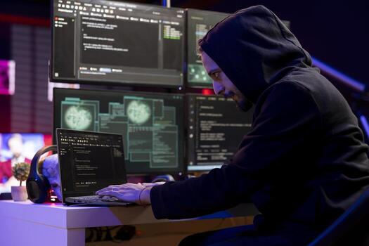 Hacker runs coding script on laptop to breach company security and open locked databases. Hooded man using notebook, doing cyber attacks, operating hacking platforms on computer photo
