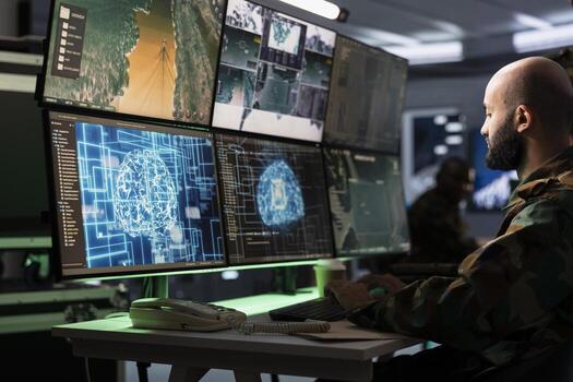 Army computer scientist employing AI technology in military planning and decision making processes. Expert uses artificial intelligence to enhance armed forces operational capabilities photo