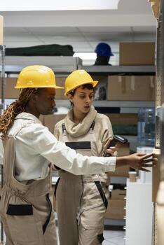 Multiethnic team of warehouse workers scan cargo merchandise for delivery, using scanner for bar code registration. Factory unit emphasizes control and distribution process execution. photo