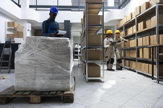 Multiethnic team examining cargo on racks for efficient distribution, managing the shipment process, inventory control, and packaging of goods for import export delivery service. photo