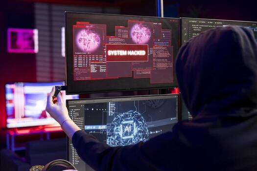 Hacker targets systems with virus infected USB, getting system hacked popup alert on display. Evil man uses USB stick to compromise networks, hiding online activity after stealing data photo